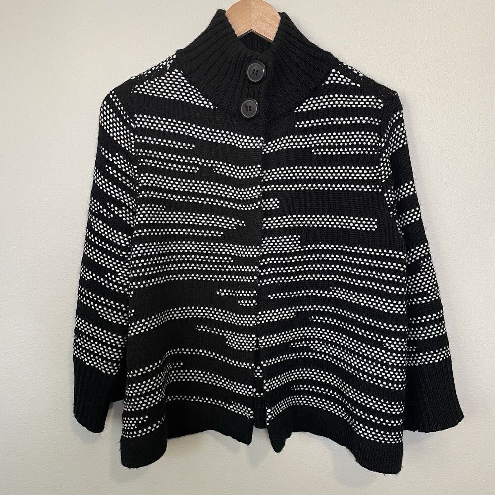Chicos Wool Cardigan Sweater Cropped Kendra Dot 3/4 Sleeve Black Womens S